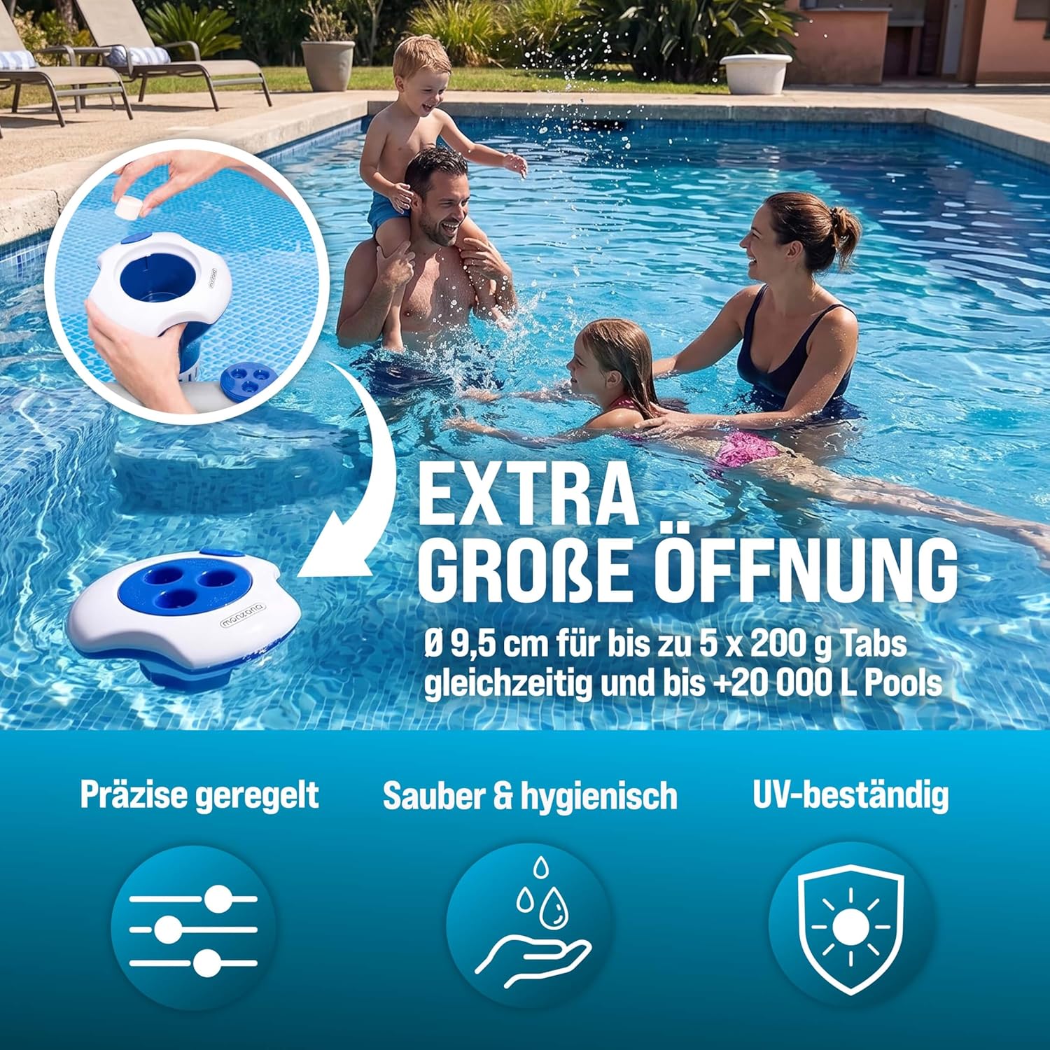 MONZANA® Dosierschwimmer Pool für 20-200g Tabletten inklusive 150 3in1 Teststreifen Klein Groß UV- Resistent Chlor Schwimmer Dosierer mit Thermometer — Ansicht 5
