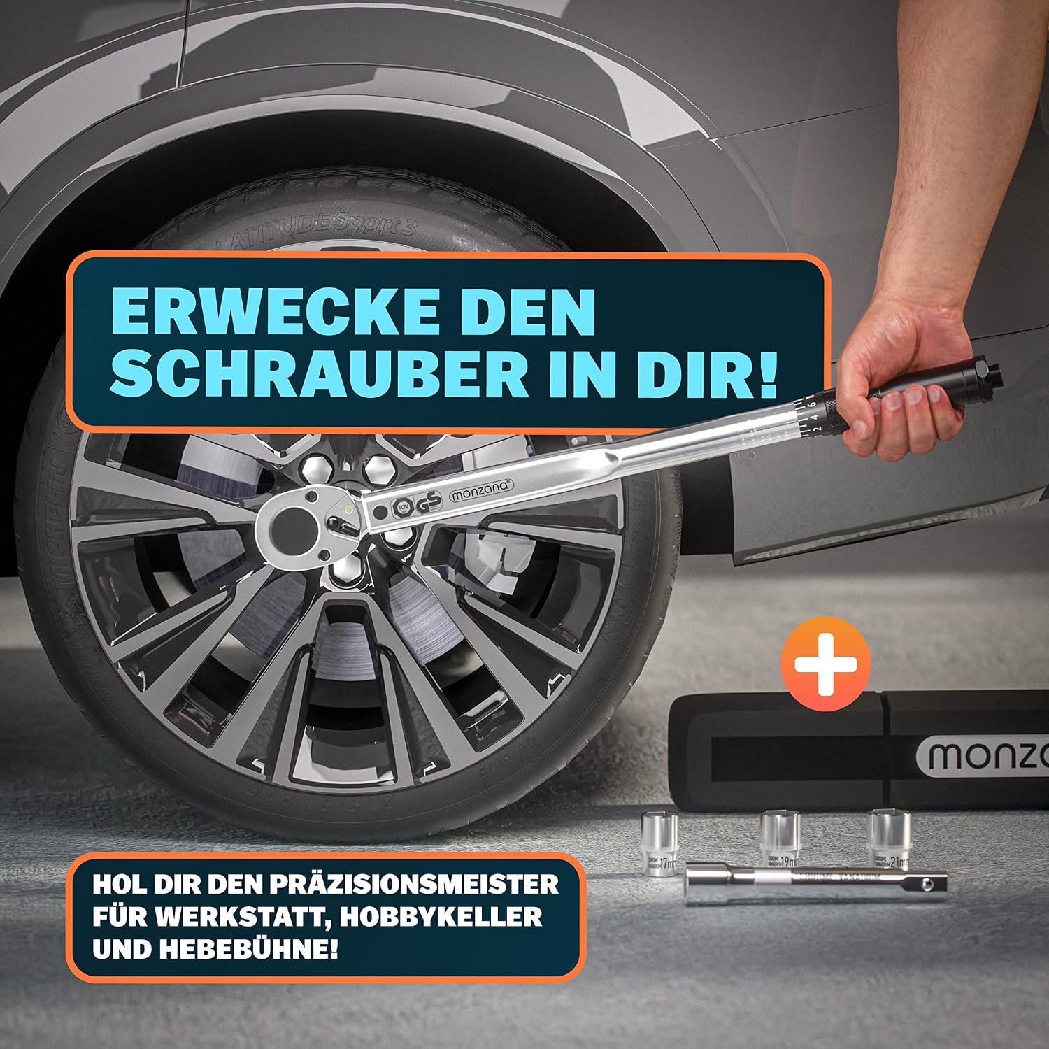 Monzana® Drehmomentschlüssel 6tlg. Set 40-210Nm TÜV Süd GS 1/2' Zoll CrV +/- 3% Toleranz Wende Ratschenkopf inkl. 3 Stecknüsse 17, 19, 21mm Verlängerung inkl. Koffer Auto Motorrad — Ansicht 2