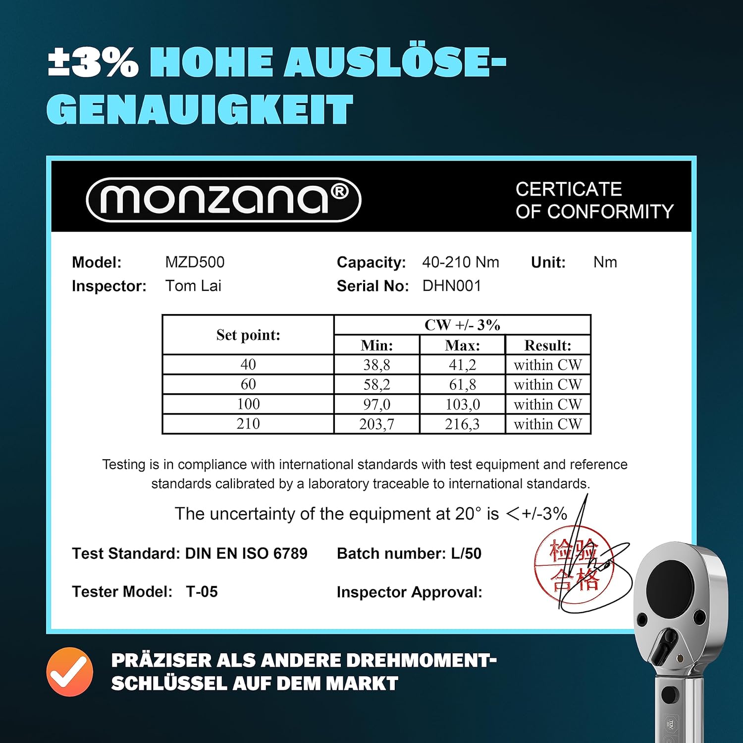 Monzana® Drehmomentschlüssel 6tlg. Set 40-210Nm TÜV Süd GS 1/2' Zoll CrV +/- 3% Toleranz Wende Ratschenkopf inkl. 3 Stecknüsse 17, 19, 21mm Verlängerung inkl. Koffer Auto Motorrad — Ansicht 6