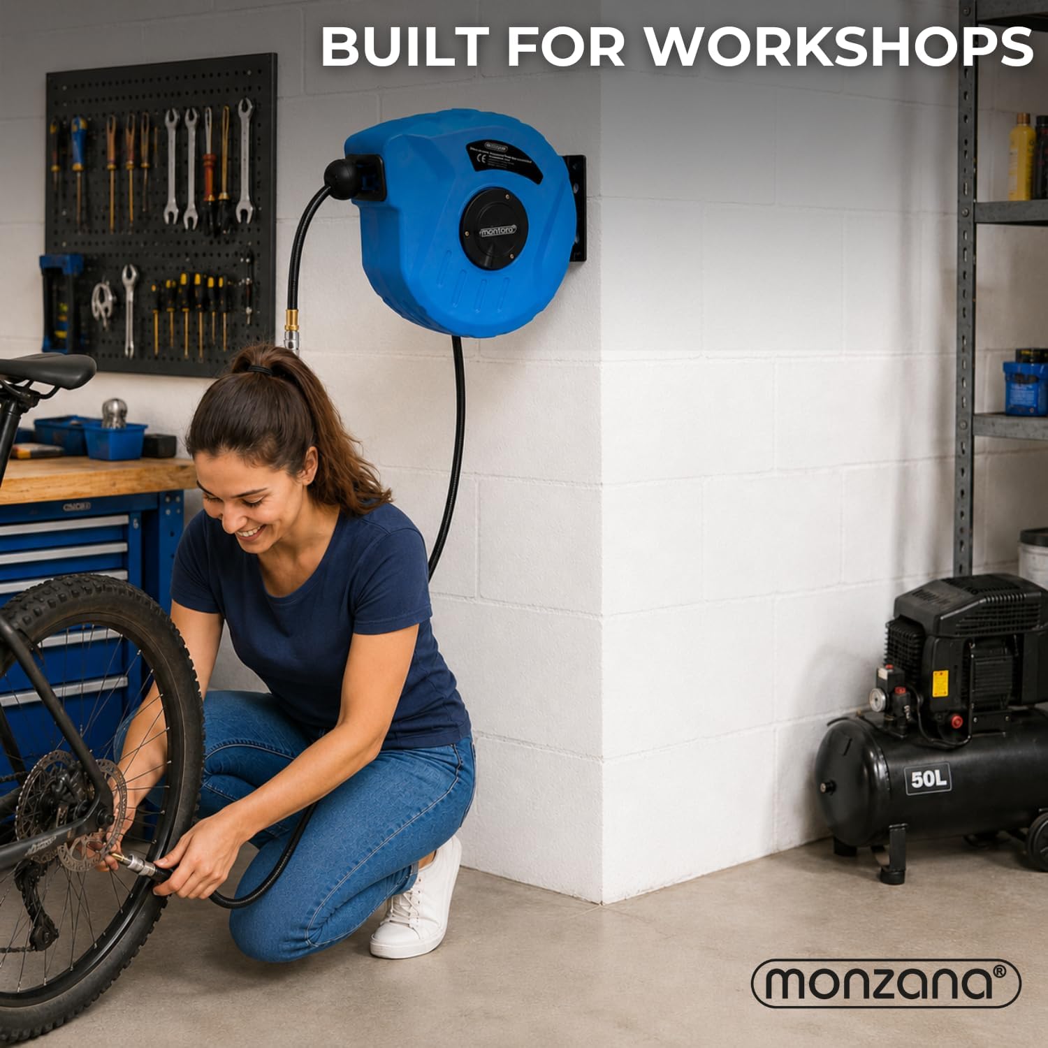 MONZANA® Druckluft Schlauchtrommel 10m+1m Automatischer Einzug 1/4' Anschluss 12 bar Ø12mm Automatik Schlauchaufroller Druckluftschlauch Wandhalterung — Ansicht 3