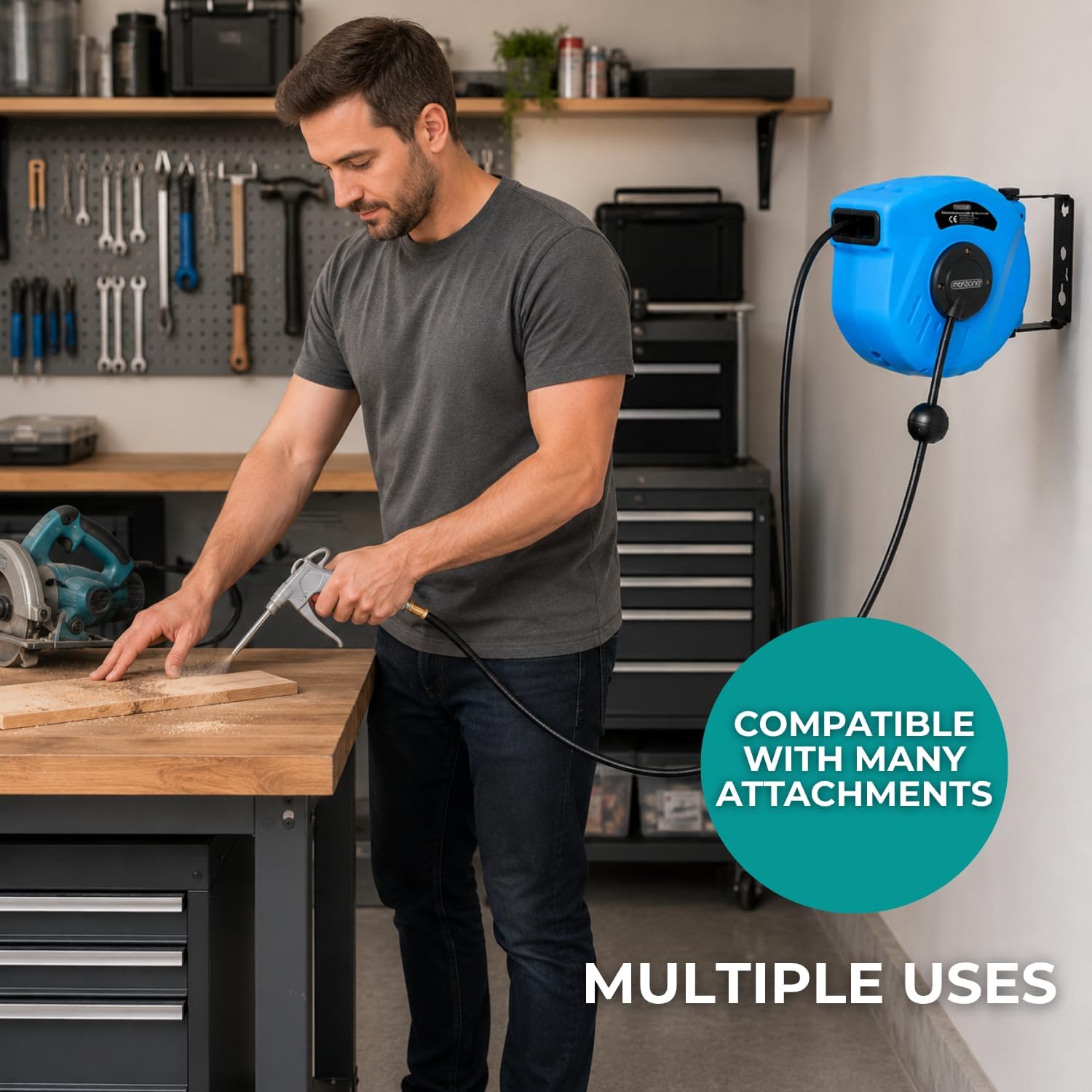 MONZANA® Druckluft Schlauchtrommel 10m+1m Automatischer Einzug 1/4' Anschluss 12 bar Ø12mm Automatik Schlauchaufroller Druckluftschlauch Wandhalterung — Ansicht 5