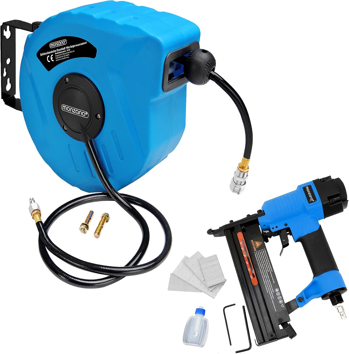 MONZANA® Druckluftschlauch Aufroller Automatisch 10m 1/4' Schlauchtrommel 12 bar 180° Schwenkbar inkl Drucklufttacker 2in1 Klammern Nägel Kompressor Set