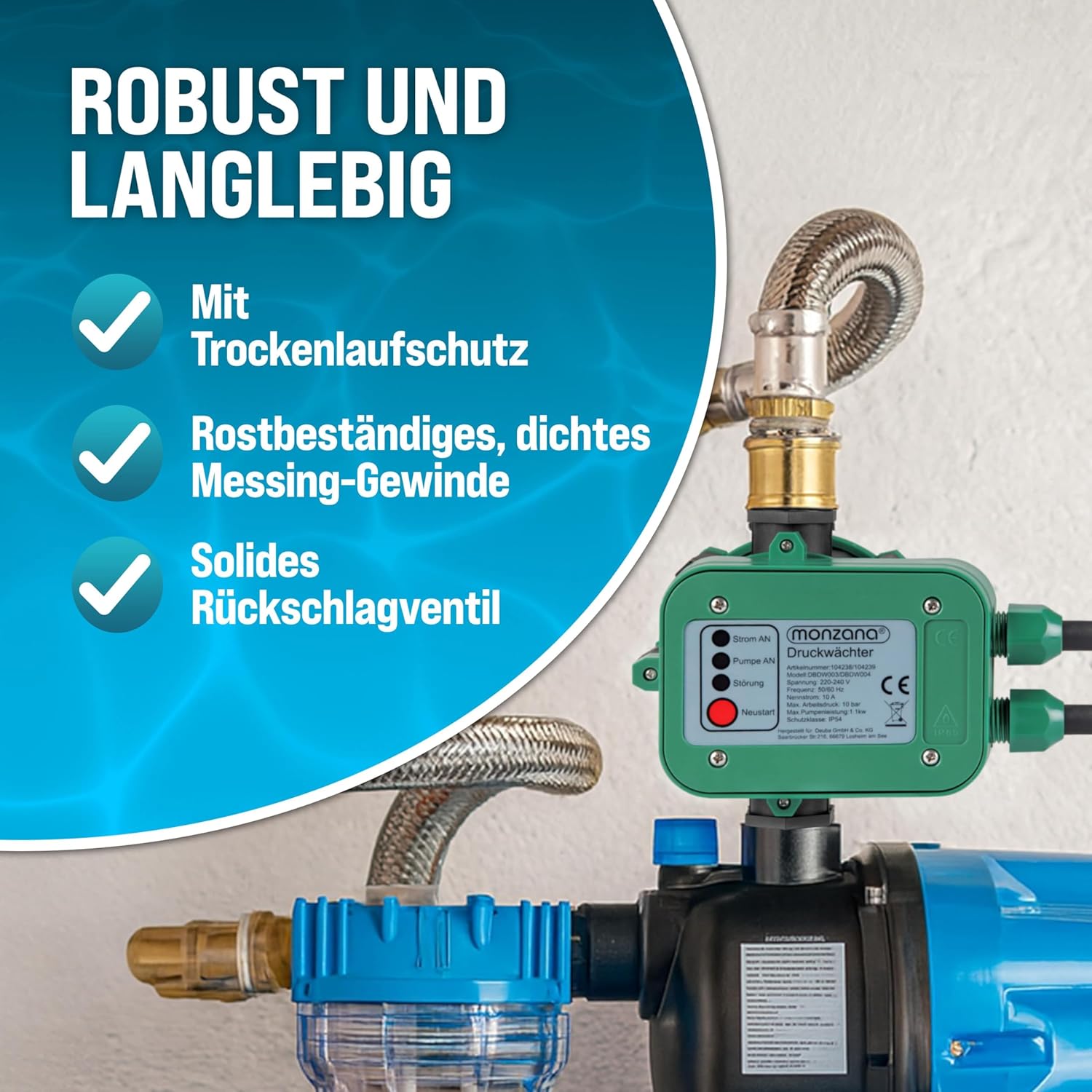 MONZANA® Druckschalter Wasserpumpe mit Kabel 10 Bar Trockenlaufschutz Pumpensteuerung Hauswasserwerk Druckwächter Gartenpumpe Drucktaster — Ansicht 3