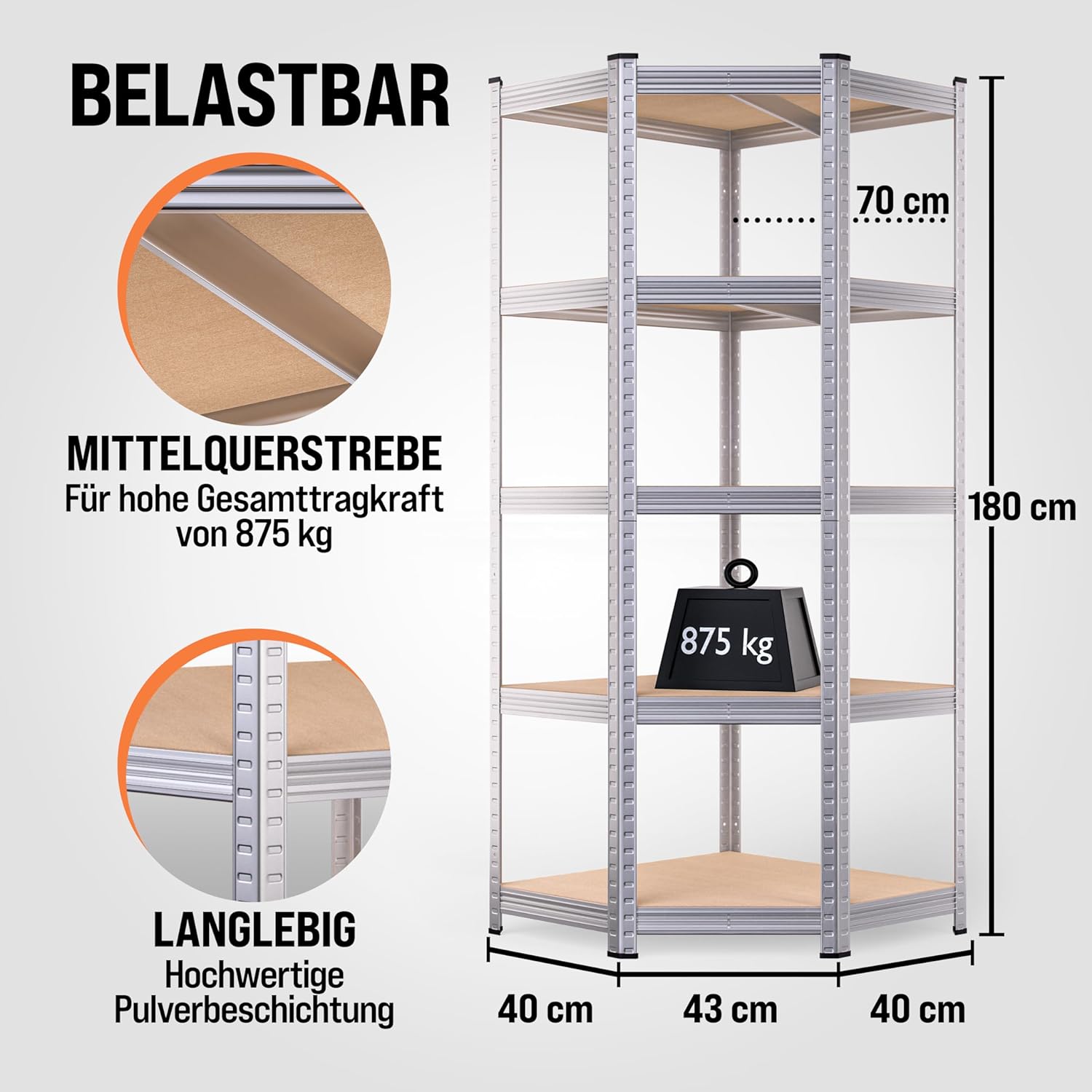 Monzana® Eckregal Lagerregal 180x70x40cm 875 kg 5 MDF-Platten Regal Schwerlastregal Kellerregal Steckregal Werkstattregal — Ansicht 3