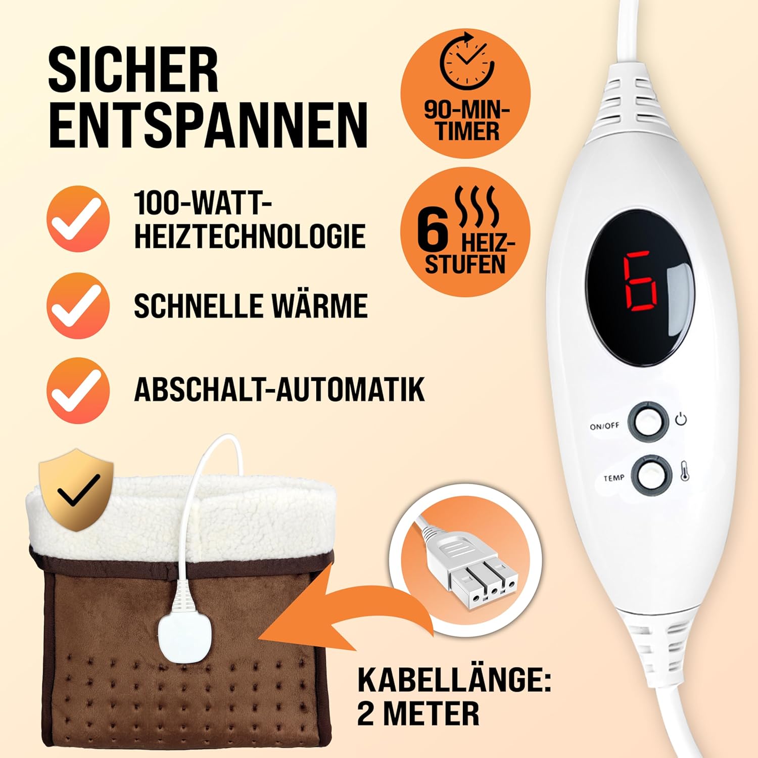 MONZANA® elektrischer Fußwärmer 6 Heizstufen 90min Timer Größe 47 Fußheizung Wärmeschuh Überhitzungsschutz waschbar braun — Ansicht 3