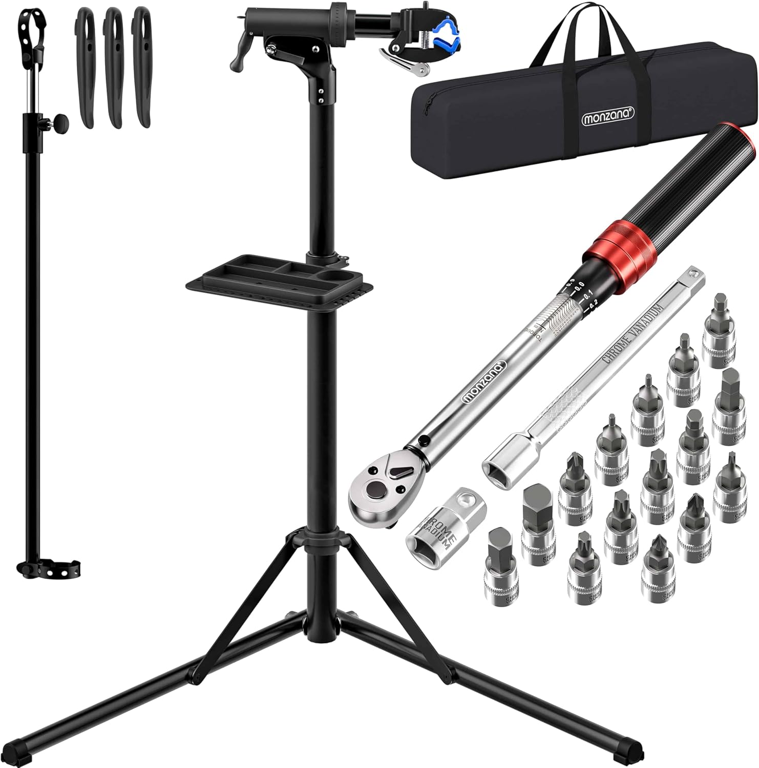MONZANA® Fahrradmontageständer 50 kg mit Drehmomentschlüssel 1/4 Zoll Set Profi E-Bike klappbar Tragetasche Reifenheber 1-25 Nm Bitset Transportbox