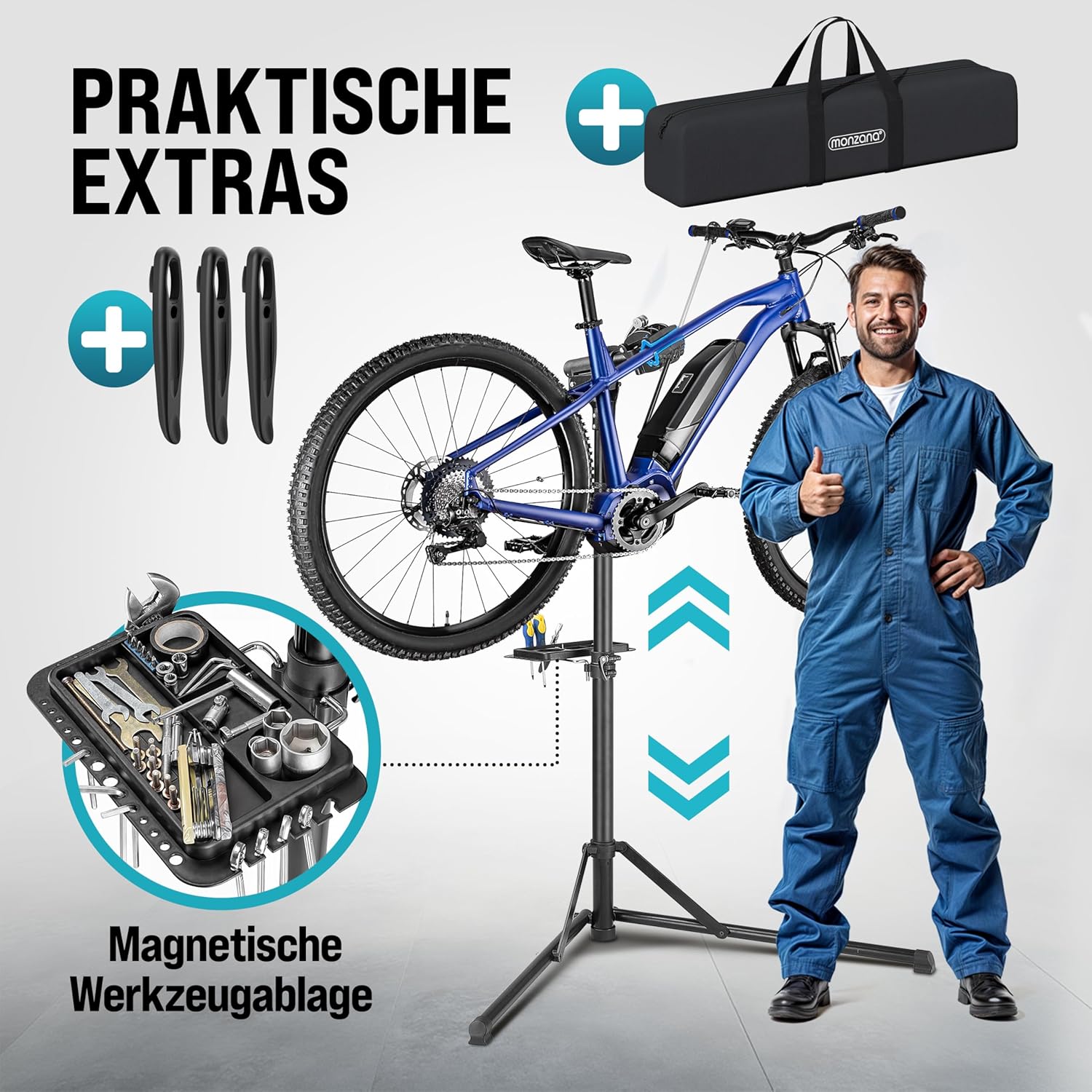 Monzana® Fahrradmontageständer Profi 50 kg für E-Bike Tragetasche Reifenheber Werkzeugablage Stahl klappbar höhenverstellbar Reparaturständer Fahrrad — Ansicht 4