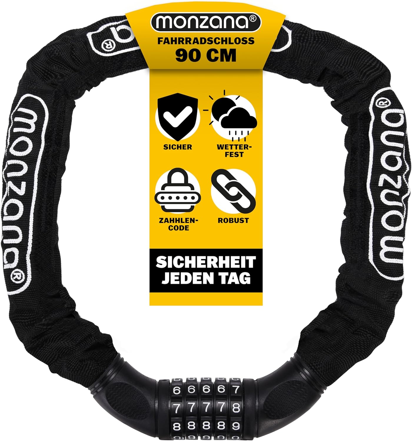 MONZANA® Fahrradschloss 90cm Zahlencode 6mm Stahlkettenglieder 5-stelliges Motorrad Fahrrad Zahlenschloss Kettenschloss