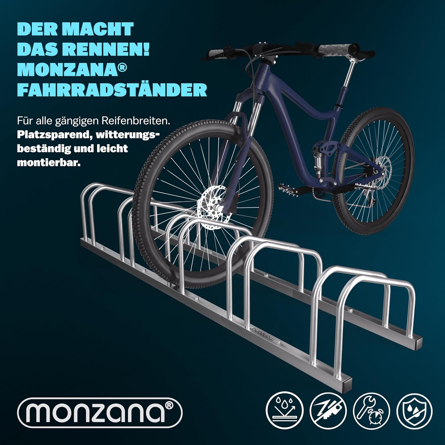 MONZANA® Fahrradständer für 5 Fahrräder 37cm Radabstand 30-65mm Reifenbreite rostfreier Stahl selbstsichernde Schrauben Boden oder Wandmontage Mehrfachständer Fahrradhalter Aufstellständer Radständer — Ansicht 3