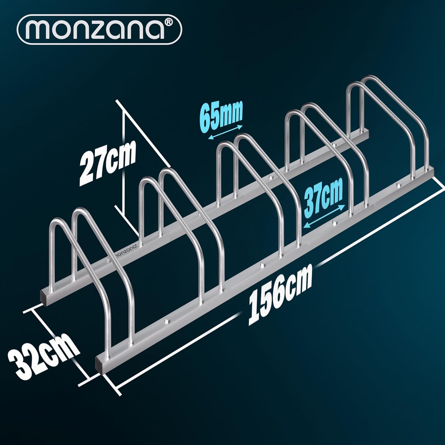 MONZANA® Fahrradständer für 5 Fahrräder 37cm Radabstand 30-65mm Reifenbreite rostfreier Stahl selbstsichernde Schrauben Boden oder Wandmontage Mehrfachständer Fahrradhalter Aufstellständer Radständer — Ansicht 4