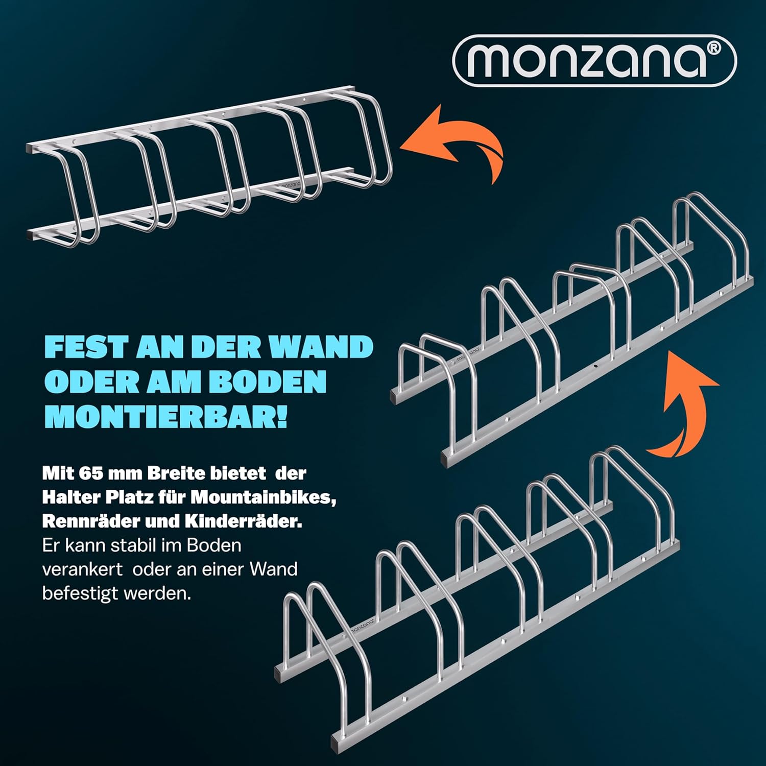 MONZANA® Fahrradständer für 5 Fahrräder 37cm Radabstand 30-65mm Reifenbreite rostfreier Stahl selbstsichernde Schrauben Boden oder Wandmontage Mehrfachständer Fahrradhalter Aufstellständer Radständer — Ansicht 6