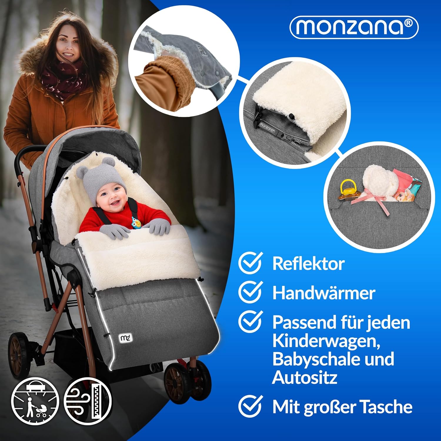 MONZANA® Fußsack für Kinderwagen Baby Winter mit Handwärmer Reflektoren Reißverschluss Buggy Waschbar Babyschale Schlafsack Kuschelig Dunkelgrün — Ansicht 2