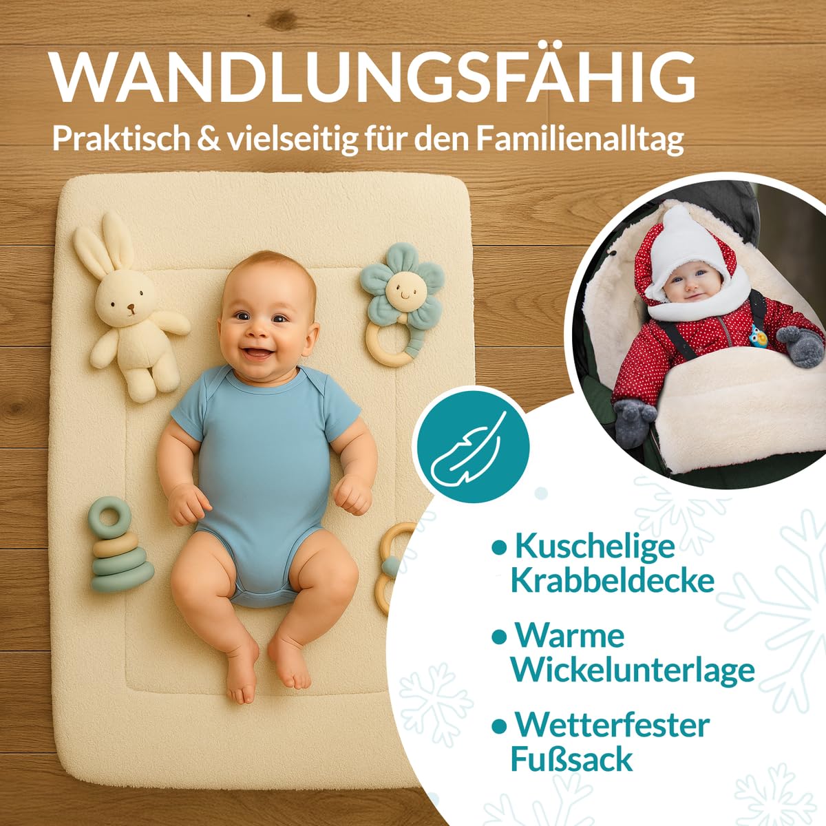 MONZANA® Fußsack Kinderwagen Baby Winter | Winterfußsack & Fußsack Buggy mit Handwärmer, Reflektoren & Reißverschluss | Kuschelig, wasserabweisend, waschbar | Baby Fußsack dunkelgrün 3 & 5 Punkt — Ansicht 6