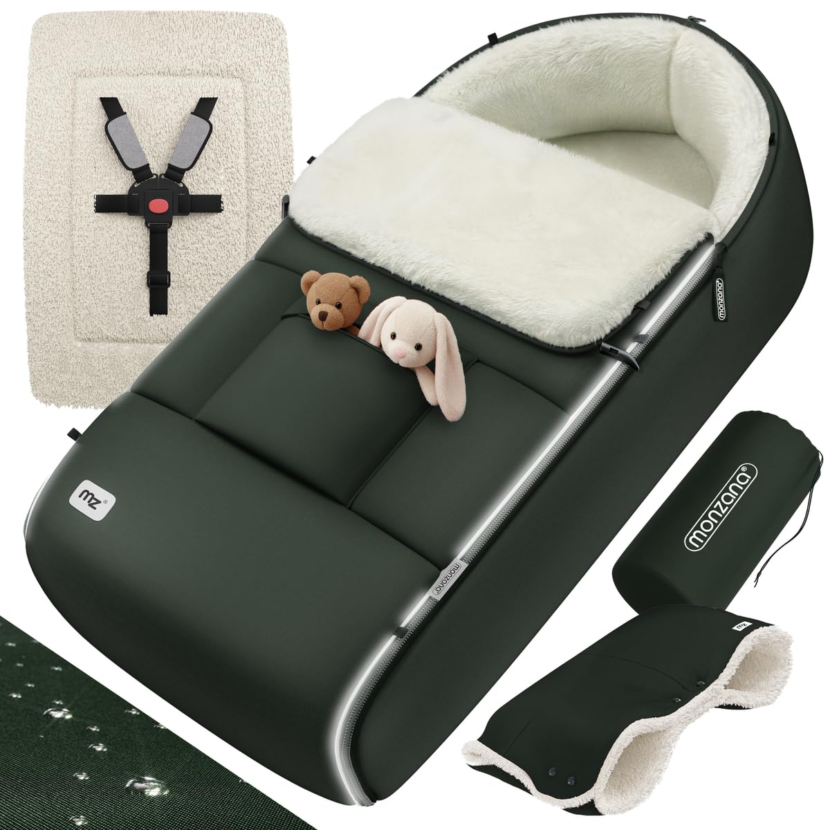 MONZANA® Fußsack Kinderwagen Baby Winter | Winterfußsack & Fußsack Buggy mit Handwärmer, Reflektoren & Reißverschluss | Kuschelig, wasserabweisend, waschbar | Baby Fußsack dunkelgrün 3 & 5 Punkt