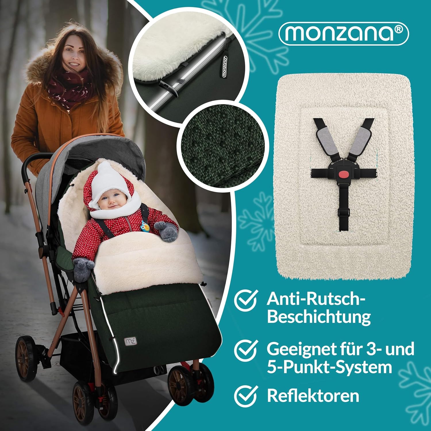MONZANA® Fußsack Kinderwagen & Buggy – Kuscheliger Winterfußsack für Baby, mit Reflektoren, Reißverschluss & 3-/5-Punkt-Gurtsystem – Waschbar, Wasserabweisend, Dunkelgrün — Ansicht 3