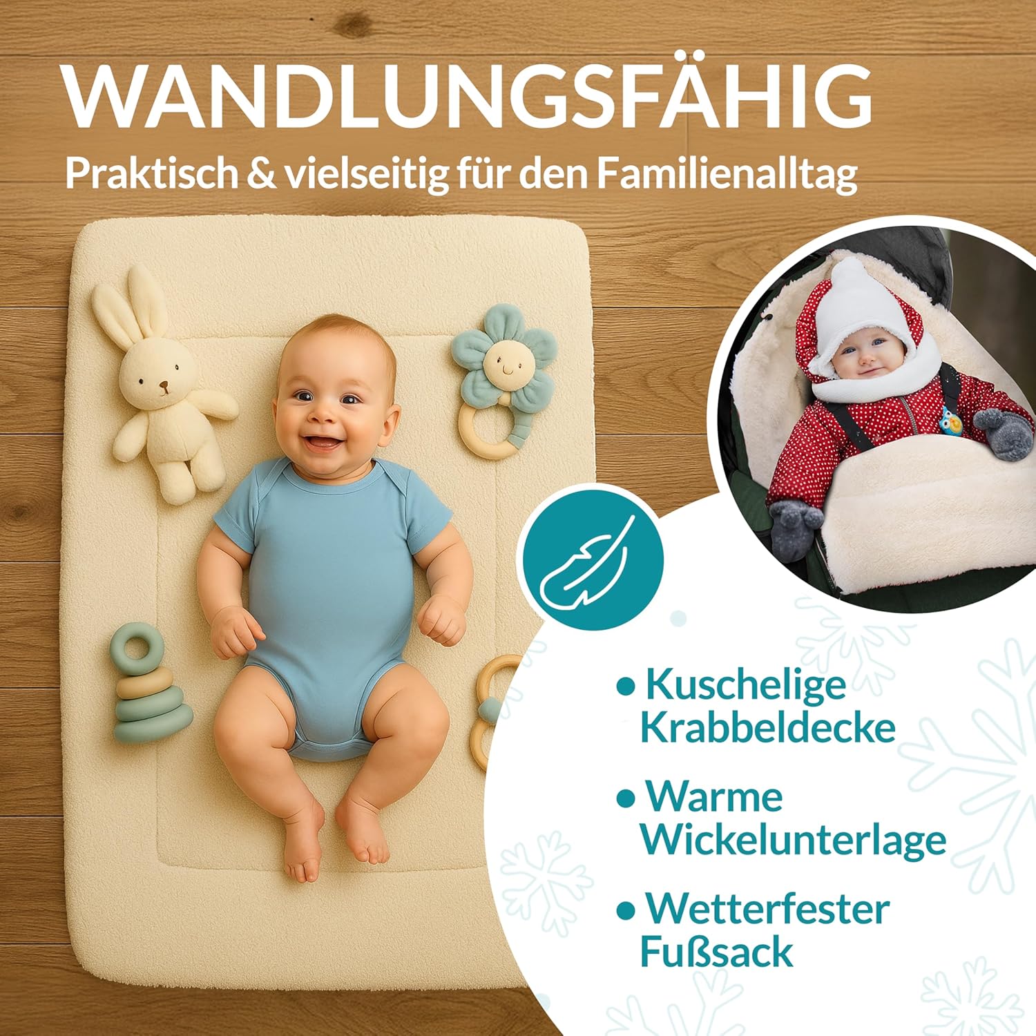 MONZANA® Fußsack Kinderwagen & Buggy – Kuscheliger Winterfußsack für Baby, mit Reflektoren, Reißverschluss & 3-/5-Punkt-Gurtsystem – Waschbar, Wasserabweisend, Dunkelgrün — Ansicht 5