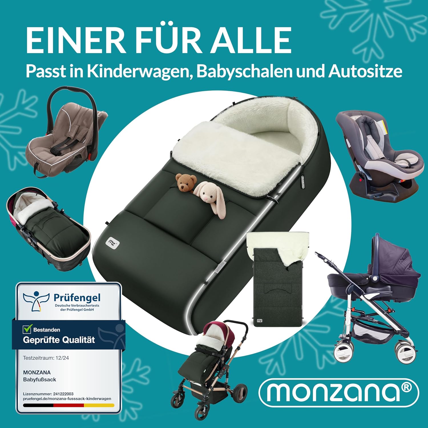 MONZANA® Fußsack Kinderwagen & Buggy – Kuscheliger Winterfußsack für Baby, mit Reflektoren, Reißverschluss & 3-/5-Punkt-Gurtsystem – Waschbar, Wasserabweisend, Dunkelgrün — Ansicht 6
