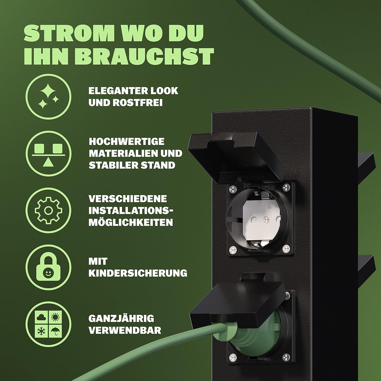 MONZANA® Gartensteckdose 4fach IP44 Metallspieß Garten Außensteckdose Steckdosensäule Mehrfachsteckdose Steckdosenverteiler Outdoor Edelstahl Schwarz — Ansicht 3