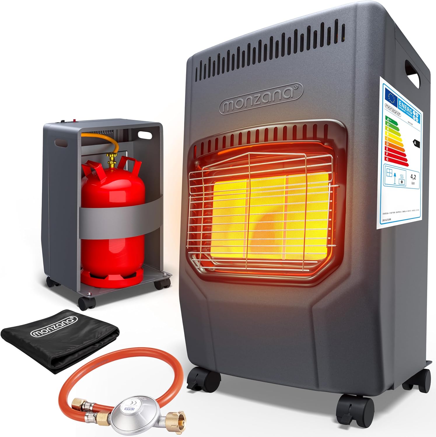 MONZANA® Gasheizung GH4500 Innenräume 4200W Gasofen 3 Heizstufen inkl. 50cm Gasschlauch Gasdruckregler Keramikheizplatten Camping Gasheizofen mobil