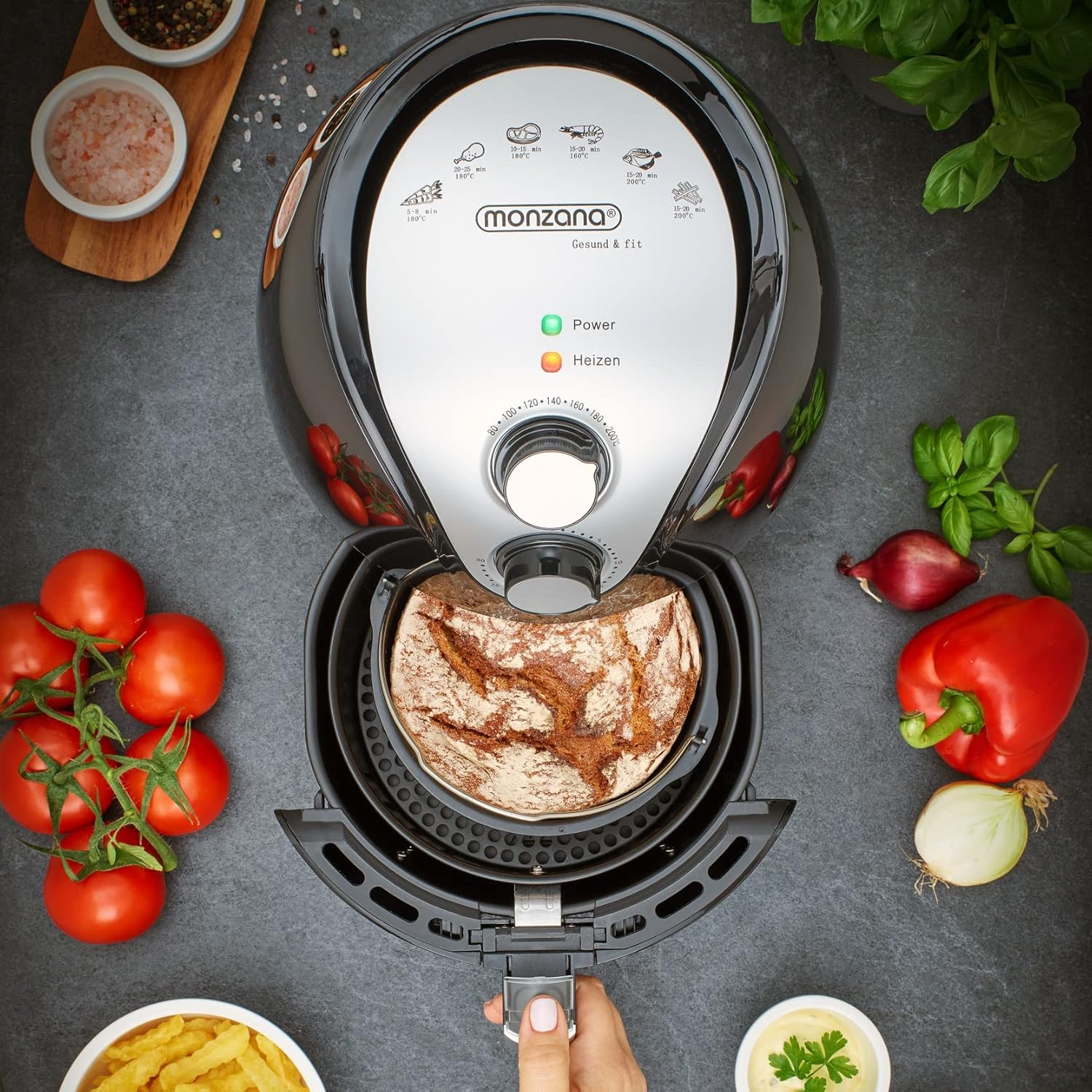 MONZANA® Heißluftfritteuse 3,6 Liter inkl. Brotbackkorb Heißluftofen 1500 W ohne Fett Öl Rezeptheft Kunststoff Schwarz — Ansicht 2
