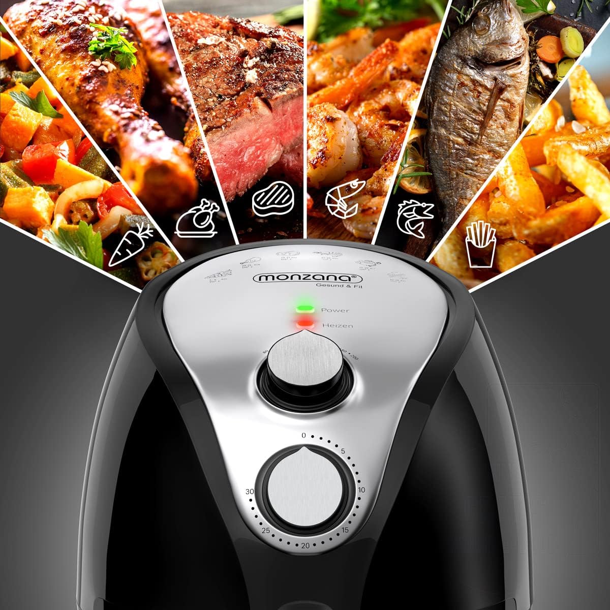 MONZANA® Heißluftfritteuse 3,6L Antihaftbeschichtung 9in1 Funktion 80-200°C Cool Touch Spülmaschinengeeignet Küche Fritteuse Heißluftofen Schwarz — Ansicht 3