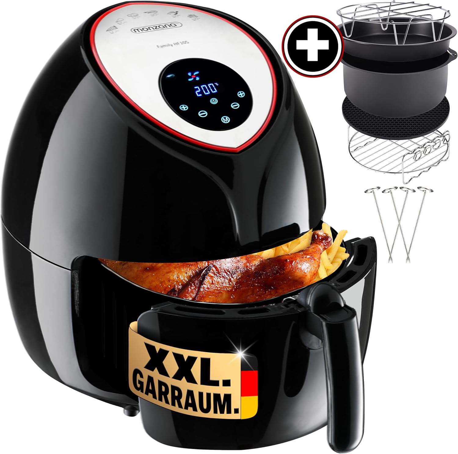 MONZANA® Heißluftfritteuse 6,5 Liter inkl. Kuchenform Pizzapfanne Grillrost Heißluftofen 1850 W ohne Fett Öl Küche Rezeptheft Kunststoff Schwarz