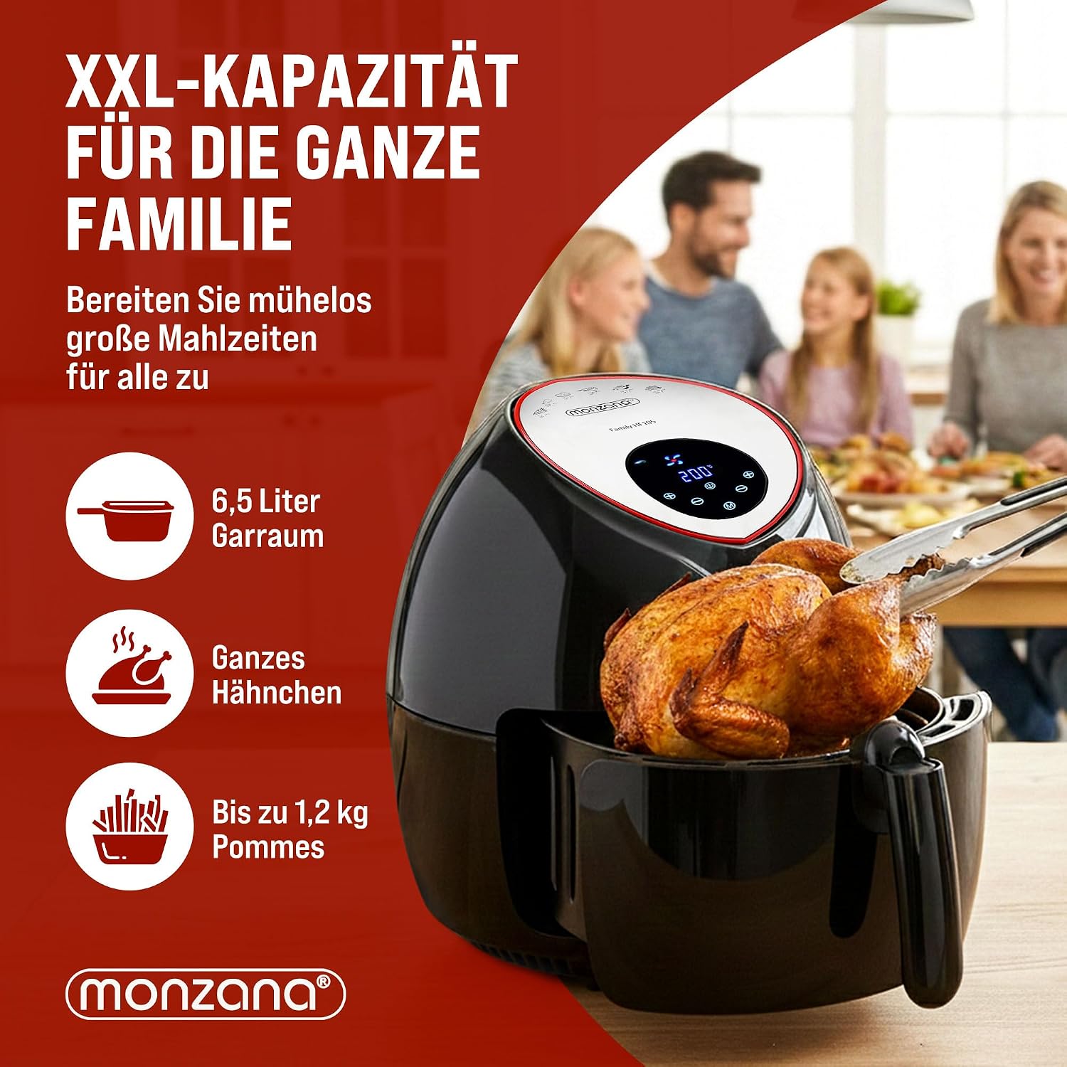 MONZANA Heißluftfritteuse 6,5L XXL 9in1 fettarm digitales LED Touch-Display Timer & Temperatur 80-200 °C Rezeptheft Heißluftofen Fritteuse schwarz — Ansicht 3