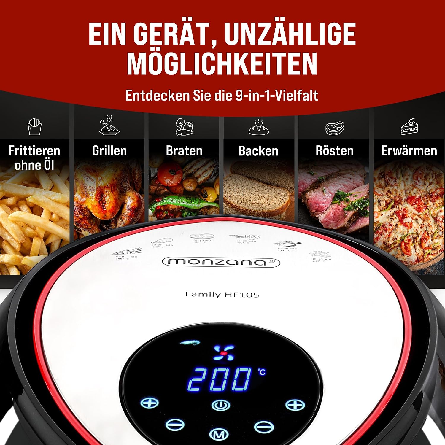 MONZANA Heißluftfritteuse 6,5L XXL 9in1 fettarm digitales LED Touch-Display Timer & Temperatur 80-200 °C Rezeptheft Heißluftofen Fritteuse schwarz — Ansicht 4