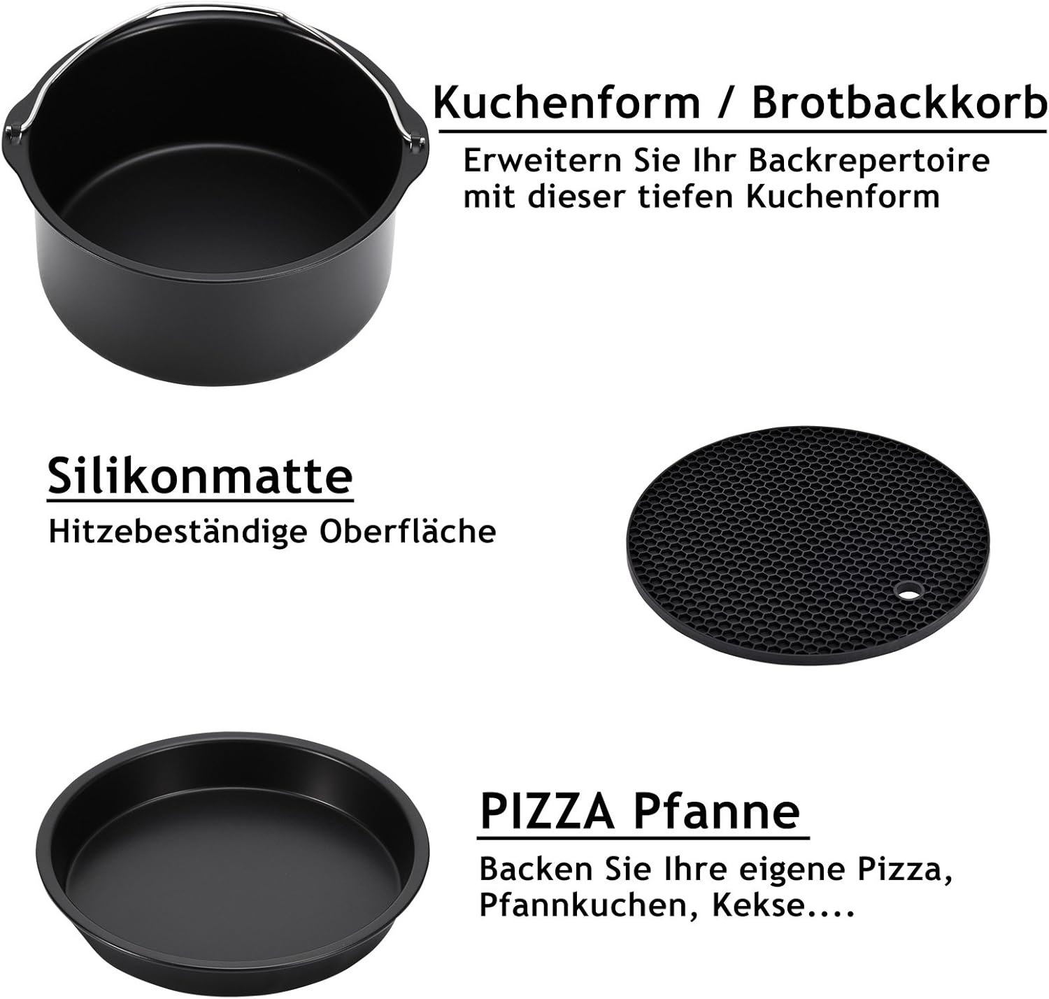 MONZANA® Heißluftfritteuse Zubehör 8tlg. Fritteuse Set inkl. Brotbackkorb 3,6L Pizzapfanne Silikonpfanne Grillrost Spieße — Ansicht 3