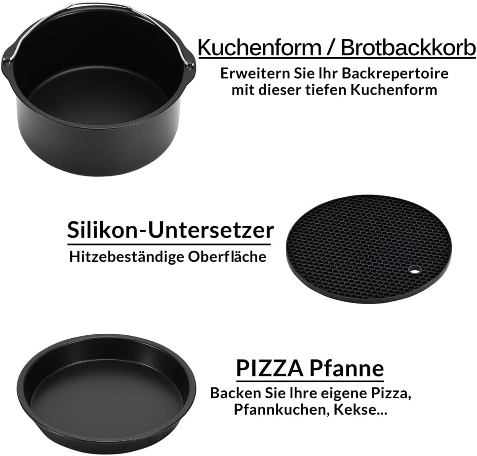 MONZANA® Heißluftfritteuse Zubehör XL 6,5L Fritteuse Set 9tlg mit Brotbackkorb Pizzapfanne Silikonpfanne Grillrost Spieße — Ansicht 4