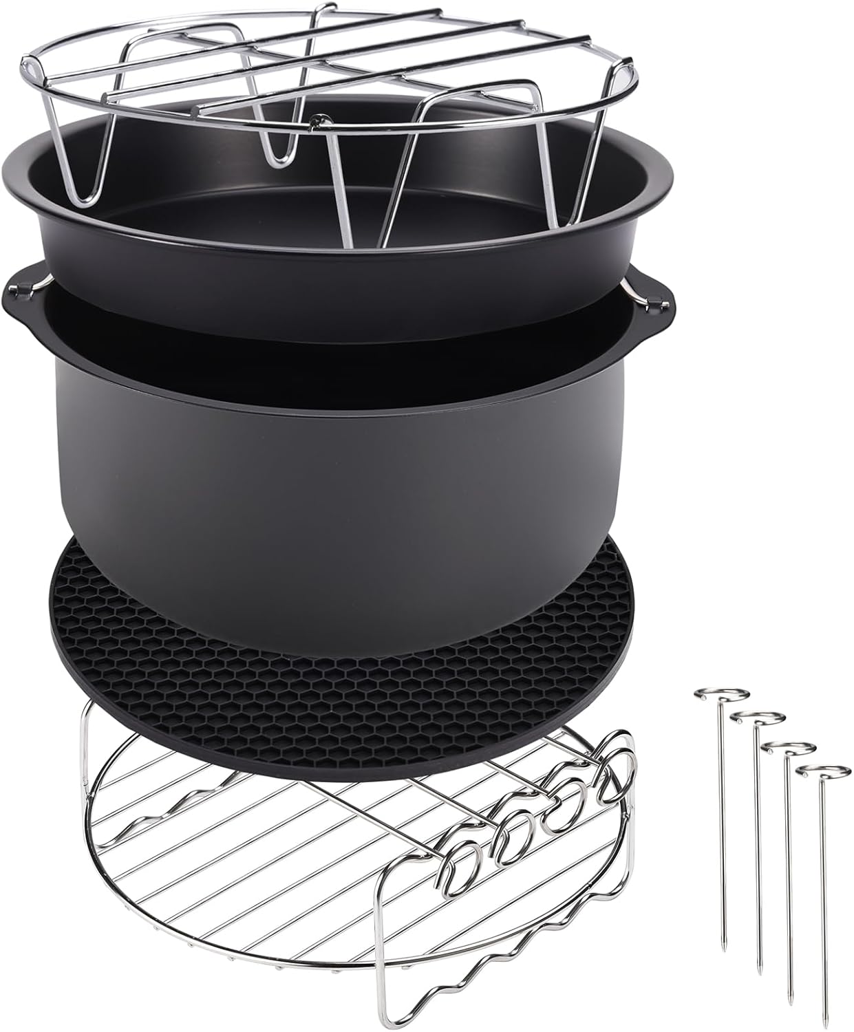 MONZANA® Heißluftfritteuse Zubehör XL 6,5L Fritteuse Set 9tlg mit Brotbackkorb Pizzapfanne Silikonpfanne Grillrost Spieße