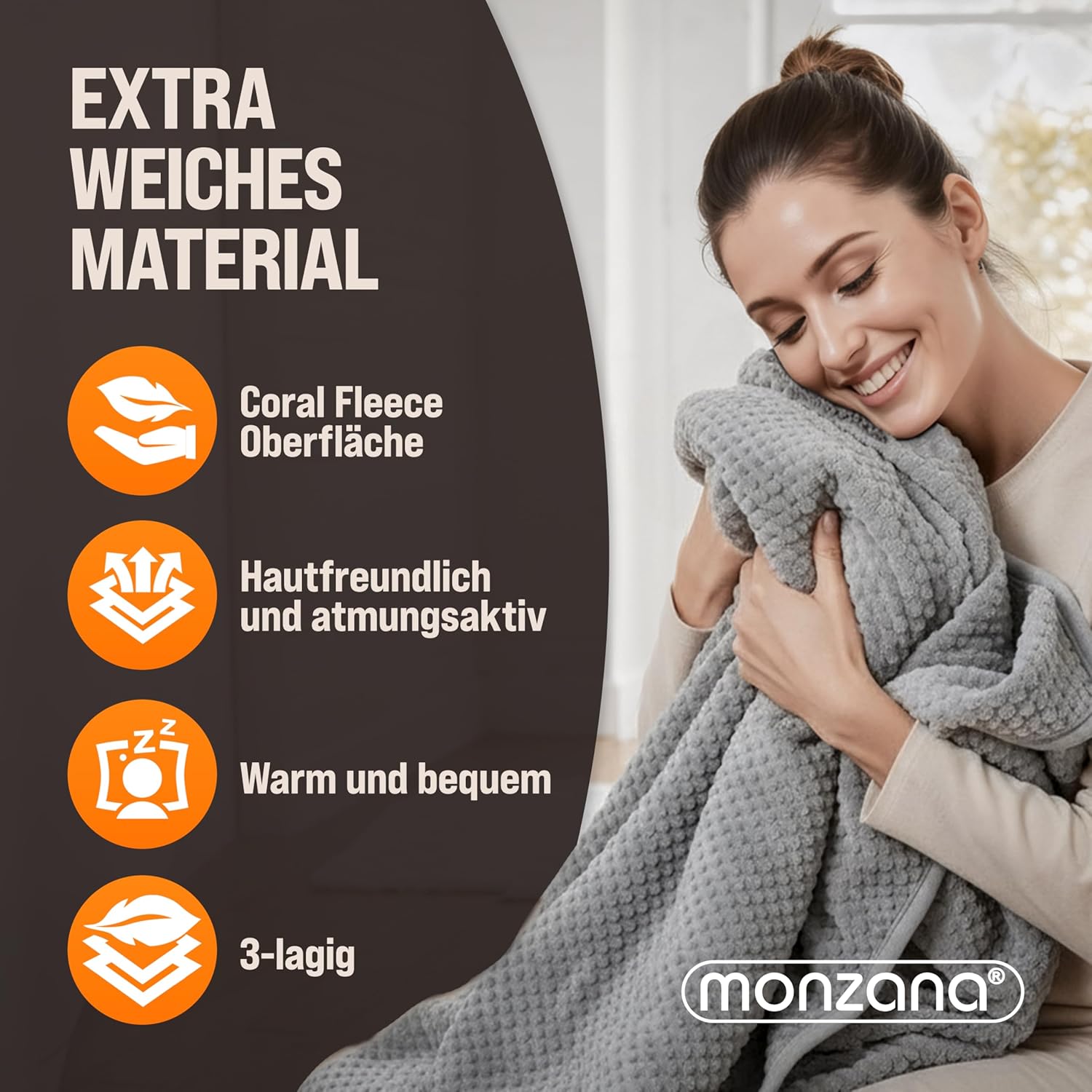 Monzana® Heizdecke Wärmeunterbett 160x140cm Timer Coral Fleece 2x60W grau Doppelheizdecke Überhitzungsschutz waschbar — Ansicht 6