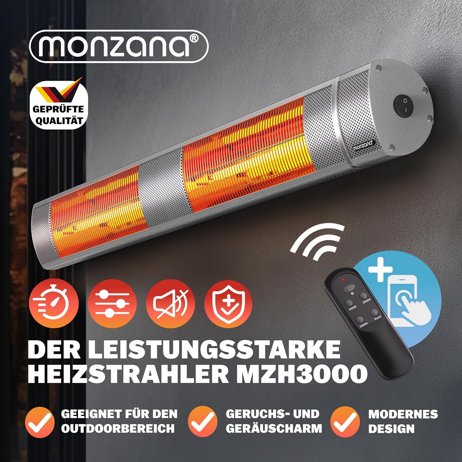 MONZANA® Infrarot Heizstrahler Goldröhre 3000W App Steuerung 3 Stufen Fernbedienung Outdoor Wärmestrahler Terrassenheizer Terrassenstrahler Silber — Ansicht 2