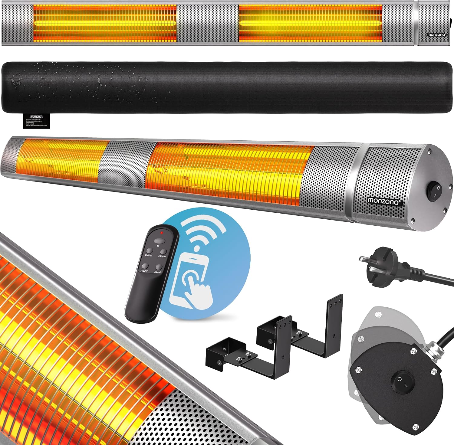 MONZANA® Infrarot Heizstrahler Goldröhre 3000W App Steuerung 3 Stufen Fernbedienung Outdoor Wärmestrahler Terrassenheizer Terrassenstrahler Silber