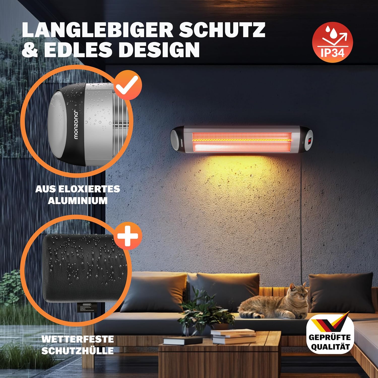 MONZANA® Infrarot Heizstrahler MZH2501 Timer 2500W 3 Stufen 24 Std. Fernbedienung 90 Grad Neigungswinkel Elektrisch Wärmestrahler Terrassenstrahler Silber — Ansicht 6