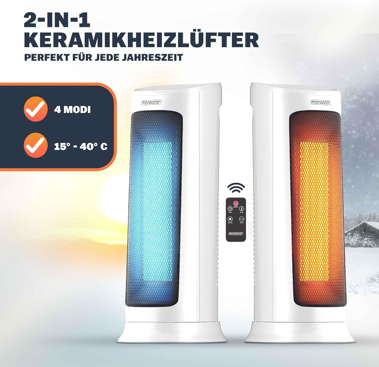 Monzana® Keramik Heizlüfter 2000W 4 Betriebsmodi 15-40°C Energiesparend 120° Oszillation Timer Leise Fernbedienung Elektroheizung Heizstrahler Weiss — Ansicht 2