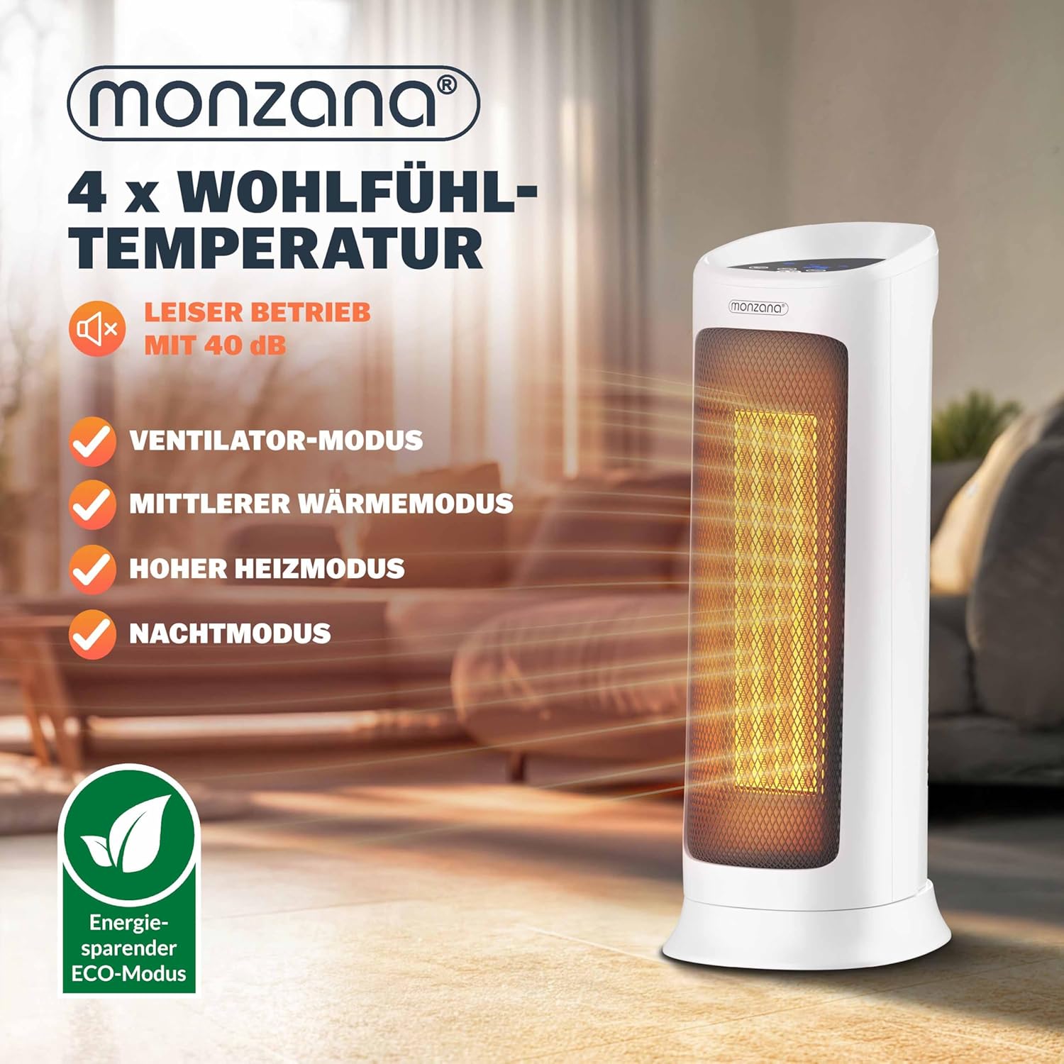 Monzana® Keramik Heizlüfter 2000W 4 Betriebsmodi 15-40°C Energiesparend 120° Oszillation Timer Leise Fernbedienung Elektroheizung Heizstrahler Weiss — Ansicht 6