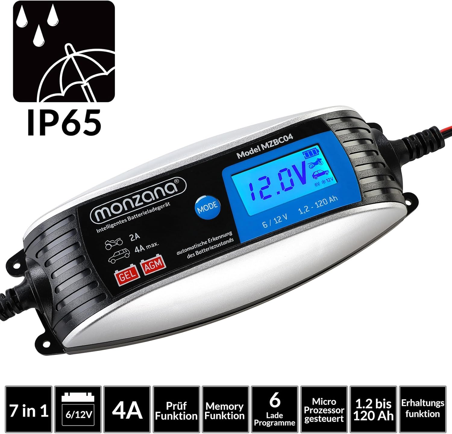 MONZANA® KFZ Batterieladegerät vollautomatisch 6V 12V LCD-Bildschirm Temperaturkompensation Erhaltungsladung intelligentes Ladegerät für Auto Motorrad — Ansicht 6