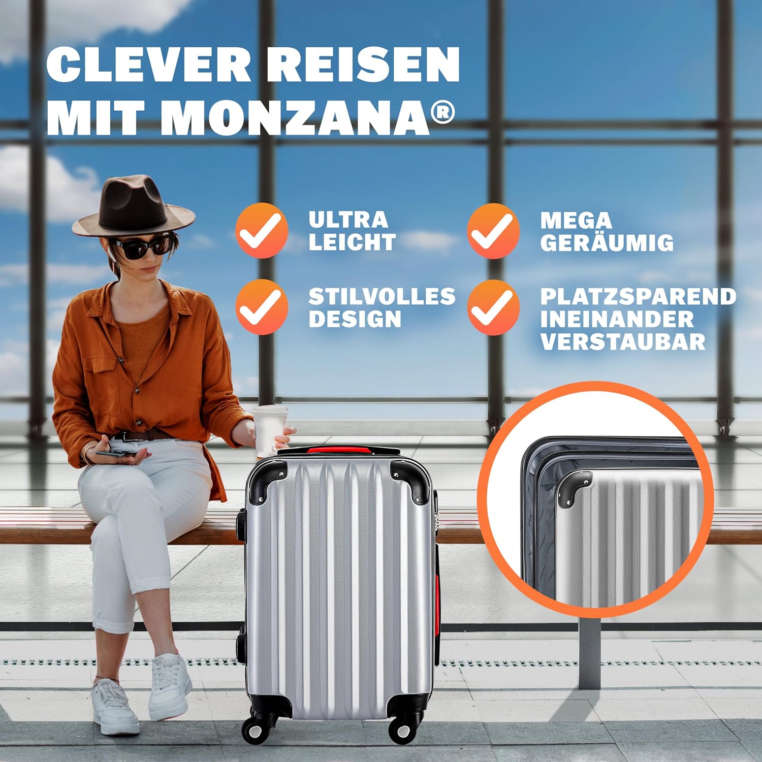 Monzana® Koffer Handgepäck ABS Hard Case 4 Rollen Teleskopgriff Zahlenschloss Kantenschutz Reisekoffer Hartschalenkoffer Rollkoffer Trolley Silber XL — Ansicht 3