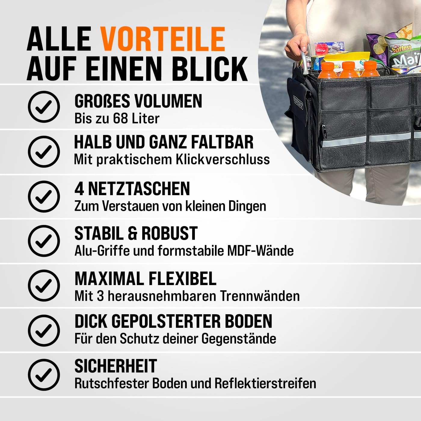 Monzana® Kofferraum Organizer Deckel 68L Isolierung Alu-Griffe Trennwände Wasserdicht Faltbar MDF Wände Rutschfest Kofferraumtasche Kühltasche Faltbox — Ansicht 6