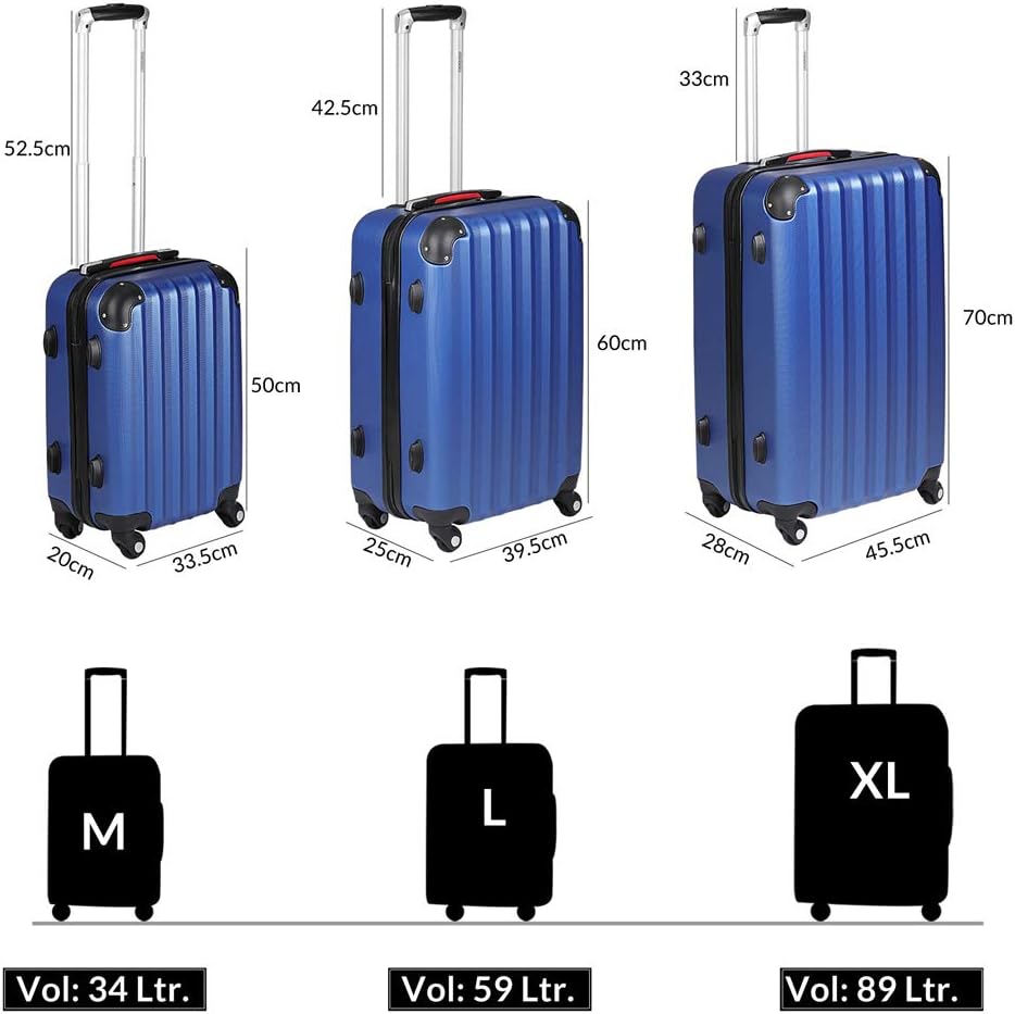 Monzana® Kofferset Baseline 3er Hartschalen-Koffer Trolley Reisekoffer Rollkoffer Handgepäck 4 Rollen M-L-XL Set Blau — Ansicht 2
