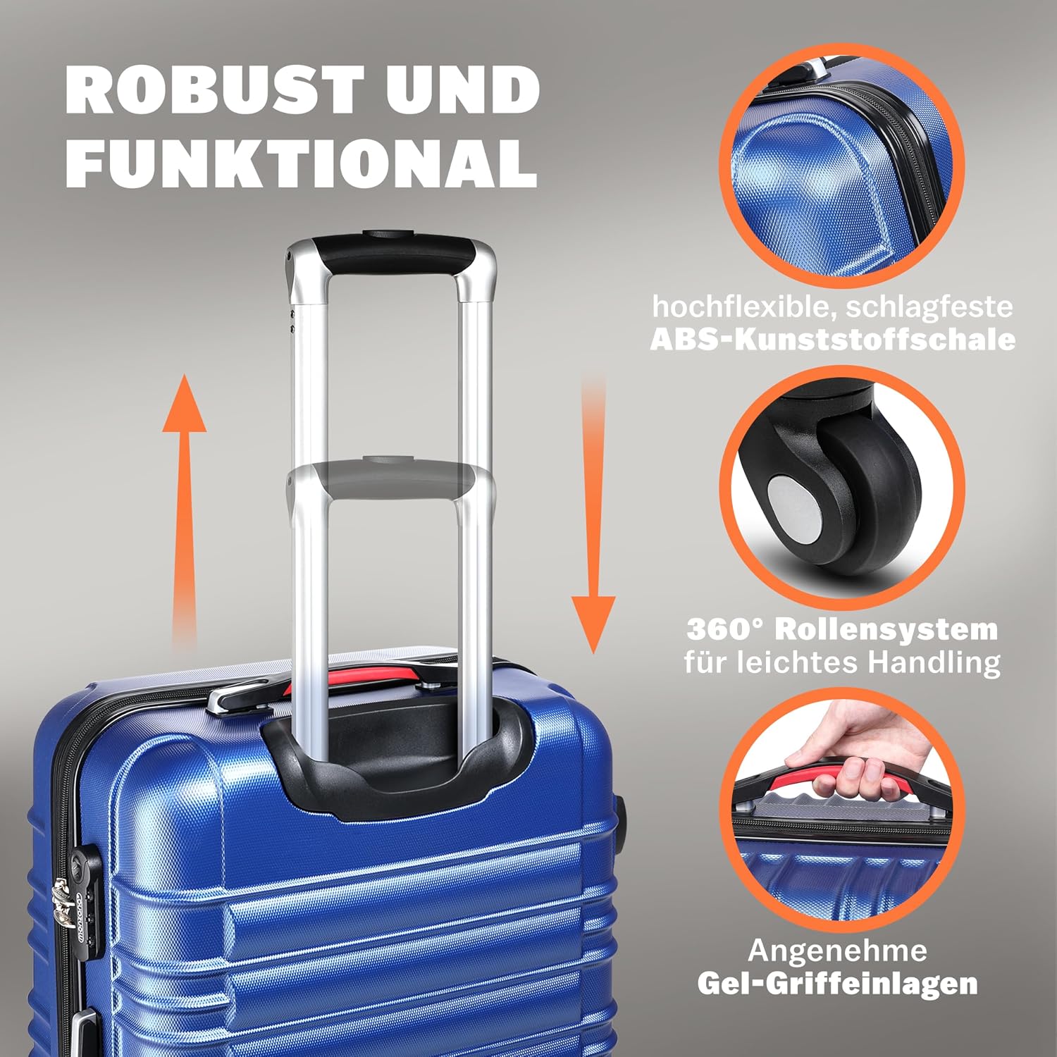 Monzana® Kofferset Baseline 3er Hartschalen-Koffer Trolley Reisekoffer Rollkoffer Handgepäck 4 Rollen M-L-XL Set Blau — Ansicht 3