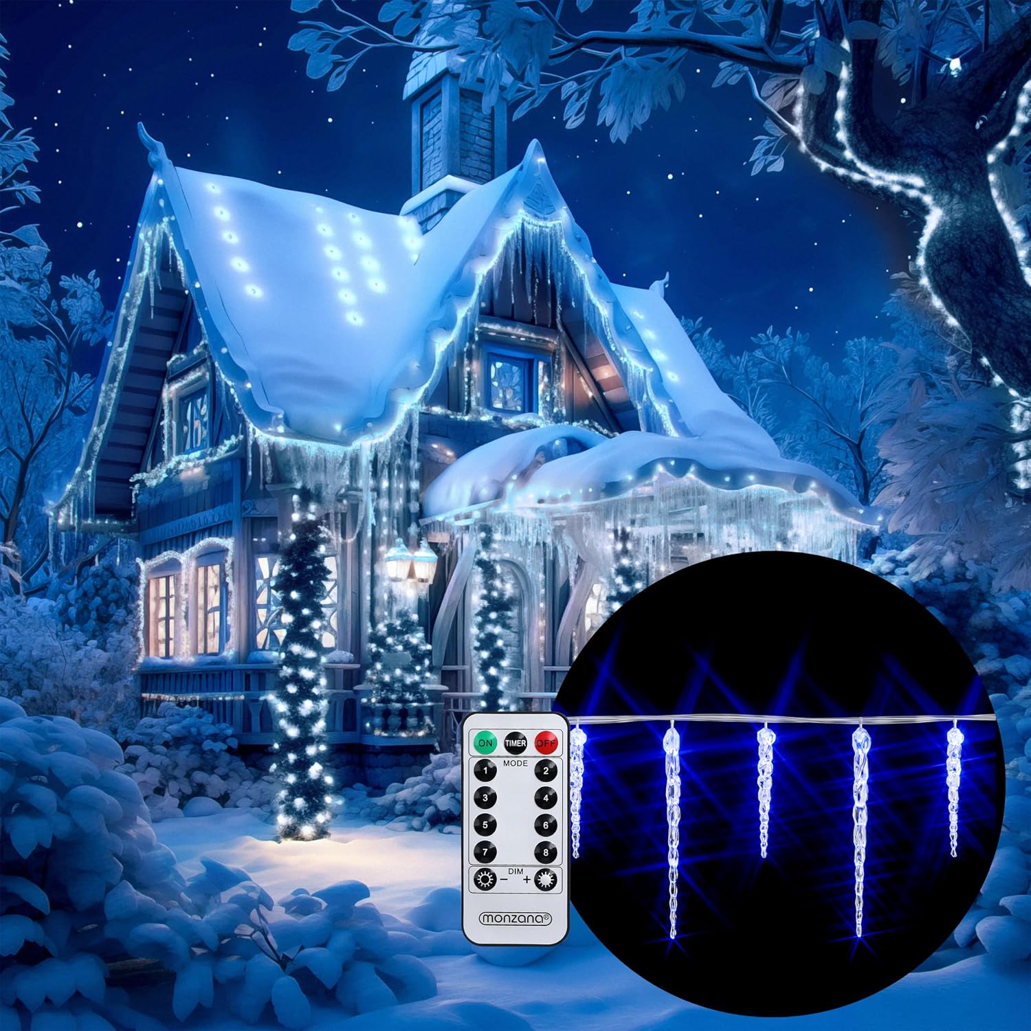 MONZANA® LED Eiszapfen Lichterkette 40 Eiszapfen blau Fernbedienung 8 Leuchtmodi Timer Innen Außen Weihnachtslichterkette