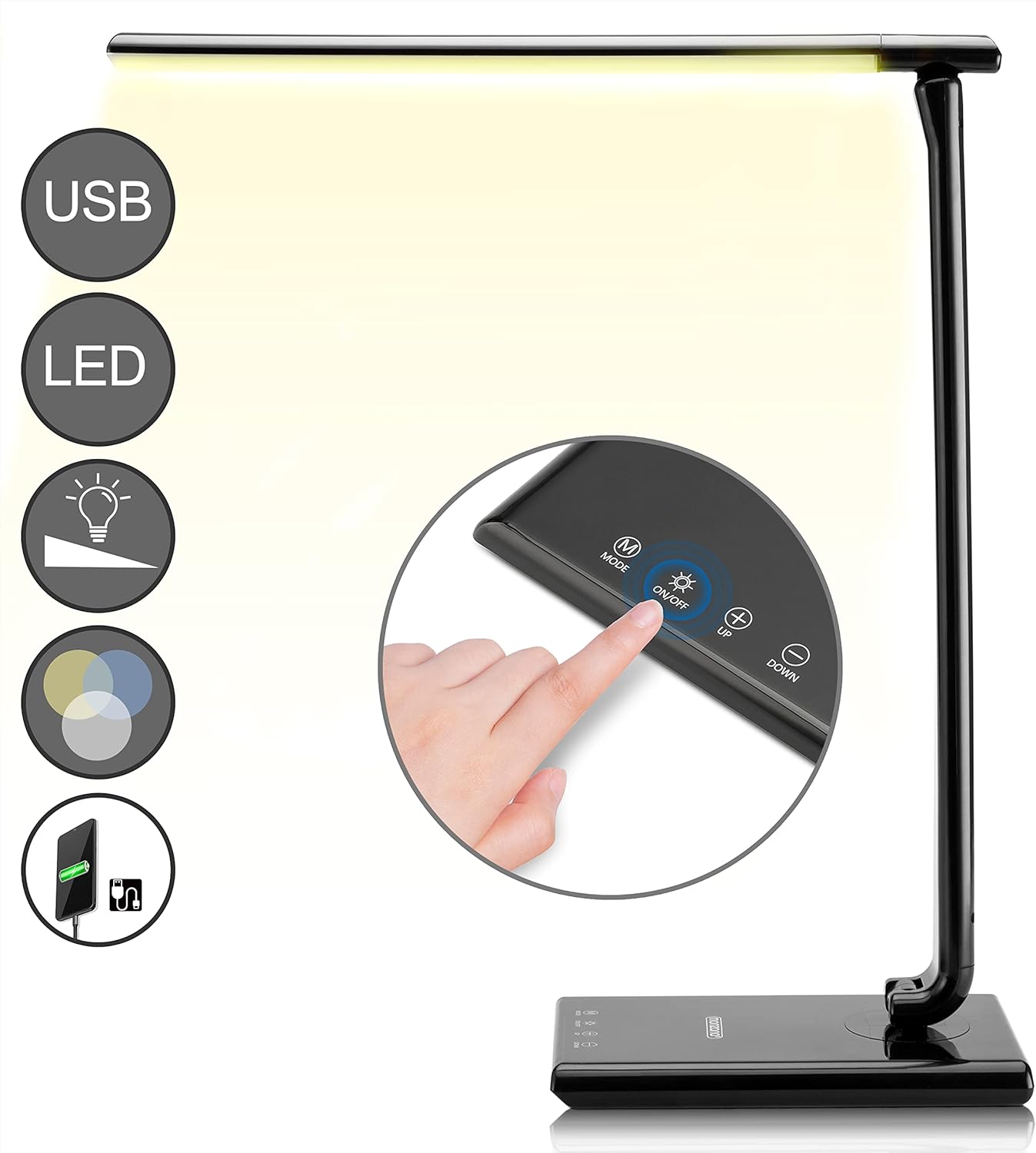 Monzana LED Schreibtischlampe USB Anschluss 3 Farb- 5 Helligkeitsstufen Touch Dimmbar Warmweiß Tischlampe Büro Nachttischlampe Warmes Licht Schwarz — Ansicht 5