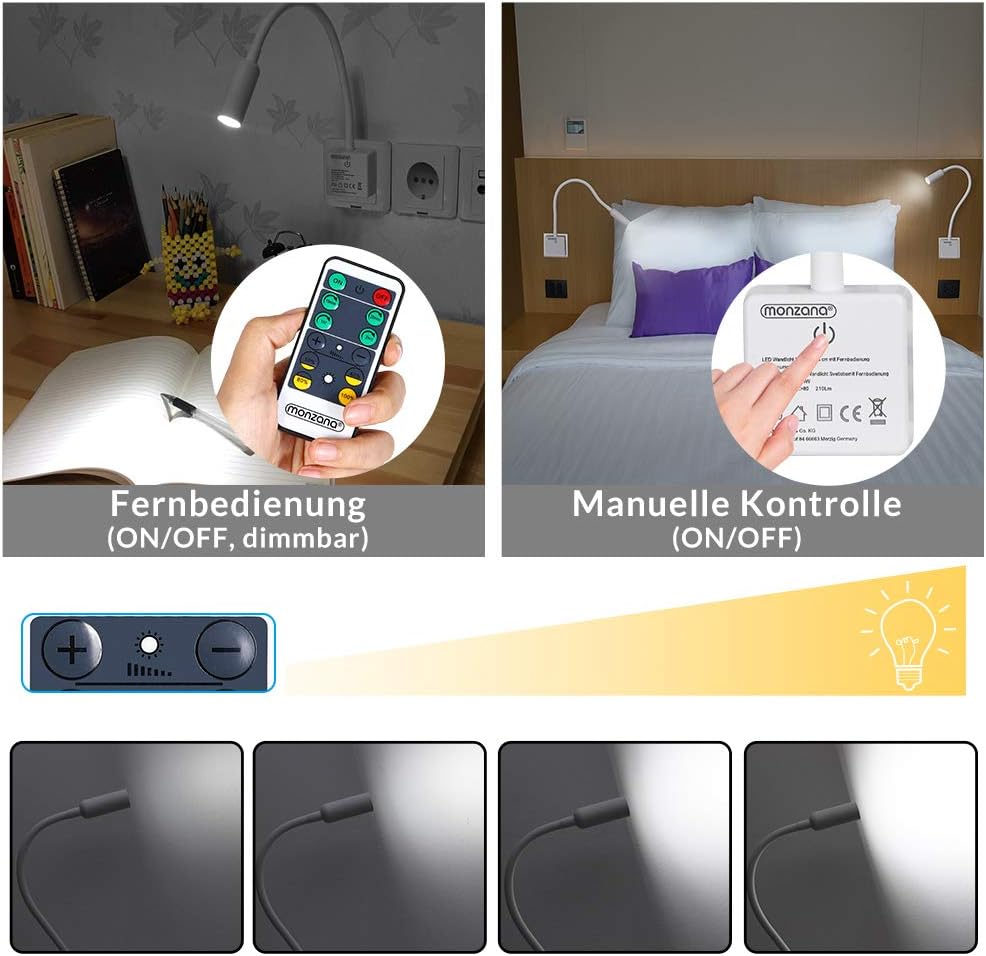Monzana LED Steckerlampe 46,5cm Steckdosenlampe Steckerleuchte 5000K Touchschalter dimmbar Schreibtischlampe Fernbedienung — Ansicht 3