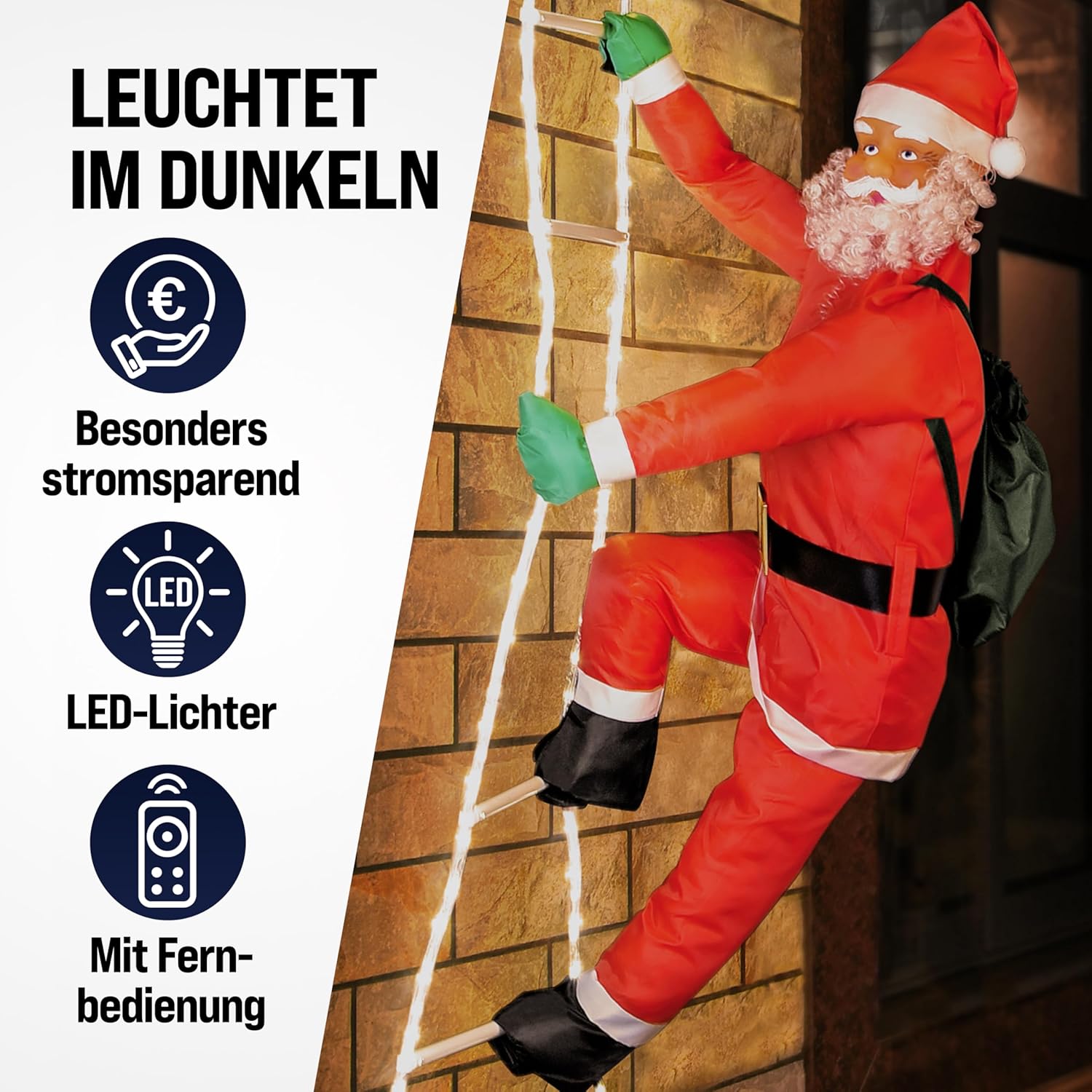 MONZANA® LED Weihnachtsmann Leiter XXL 240cm In-/Outdoor Timer 8 Leuchtfunktionen Fernbedienung dimmbar Santa Claus Nikolaus Weihnachten Deko Figur — Ansicht 2