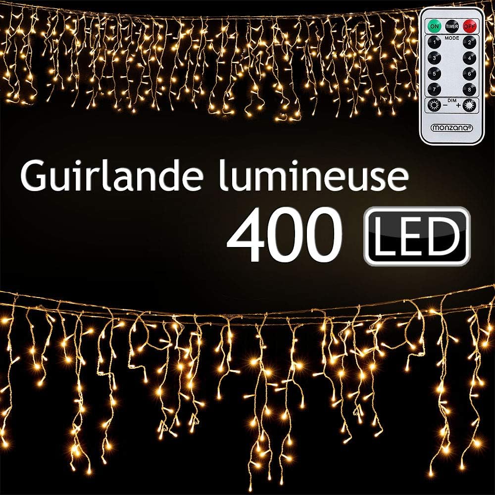 MONZANA® Lichterkette 400 LED 15m Fernbedienung 8 Leuchtmodi IP44 Innen Außen Regenlichterkette Lichtervorhang Eisregen warmweiß Weihnachtsbeleuchtung — Ansicht 5
