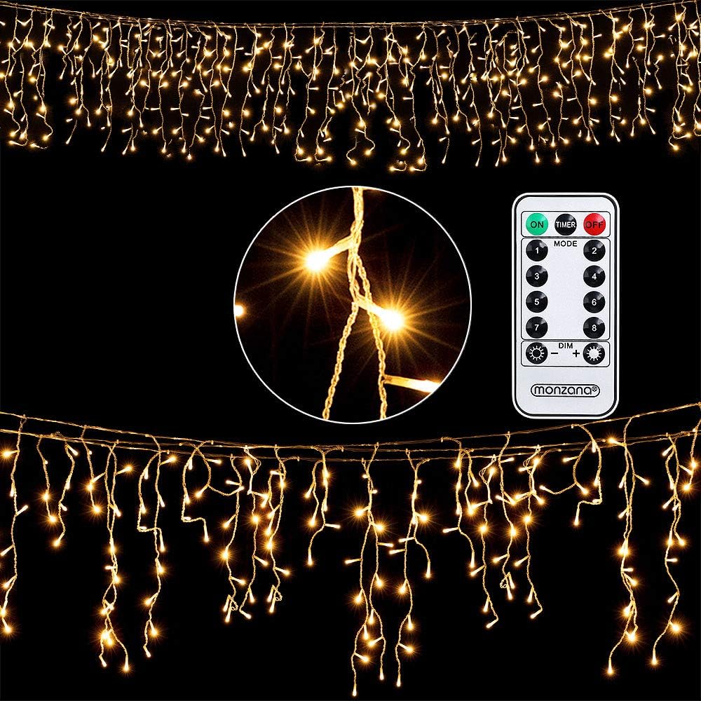 Monzana® Lichterkette 600 LED 20m Fernbedienung 8 Leuchtmodi IP44 Innen Außen Regenlichterkette Lichtervorhang Eisregen warmweiß Weihnachtsbeleuchtung
