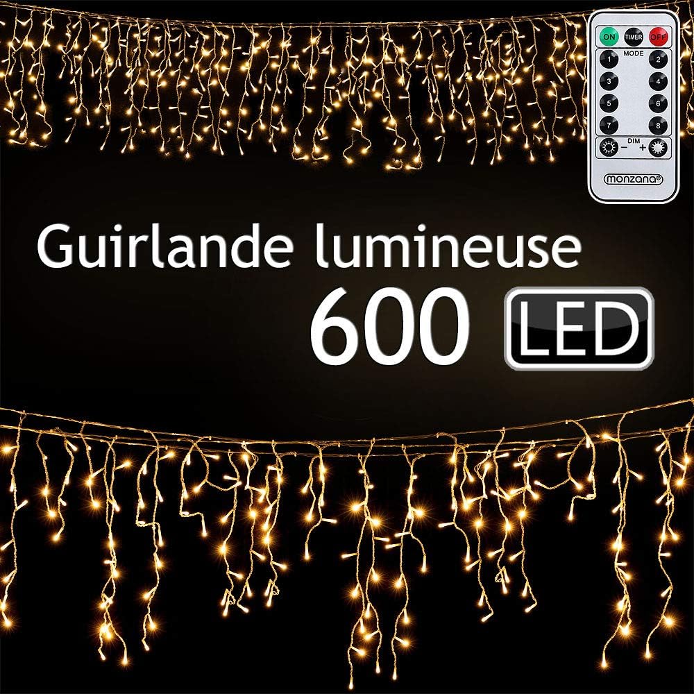 Monzana® Lichterkette 600 LED 20m Fernbedienung 8 Leuchtmodi IP44 Innen Außen Regenlichterkette Lichtervorhang Eisregen warmweiß Weihnachtsbeleuchtung — Ansicht 5