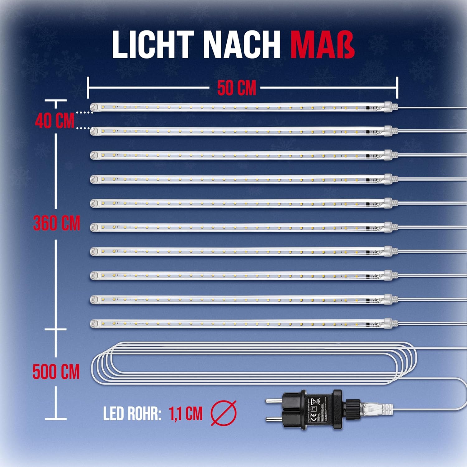 Monzana® Lichterkette Meteorschauer 480 LED Außen Wasserdicht 10 Röhre je 50 cm Innen Weihnachten Eisregen Regenlichterkette Weihnachtsbeleuchtung Blau — Ansicht 3